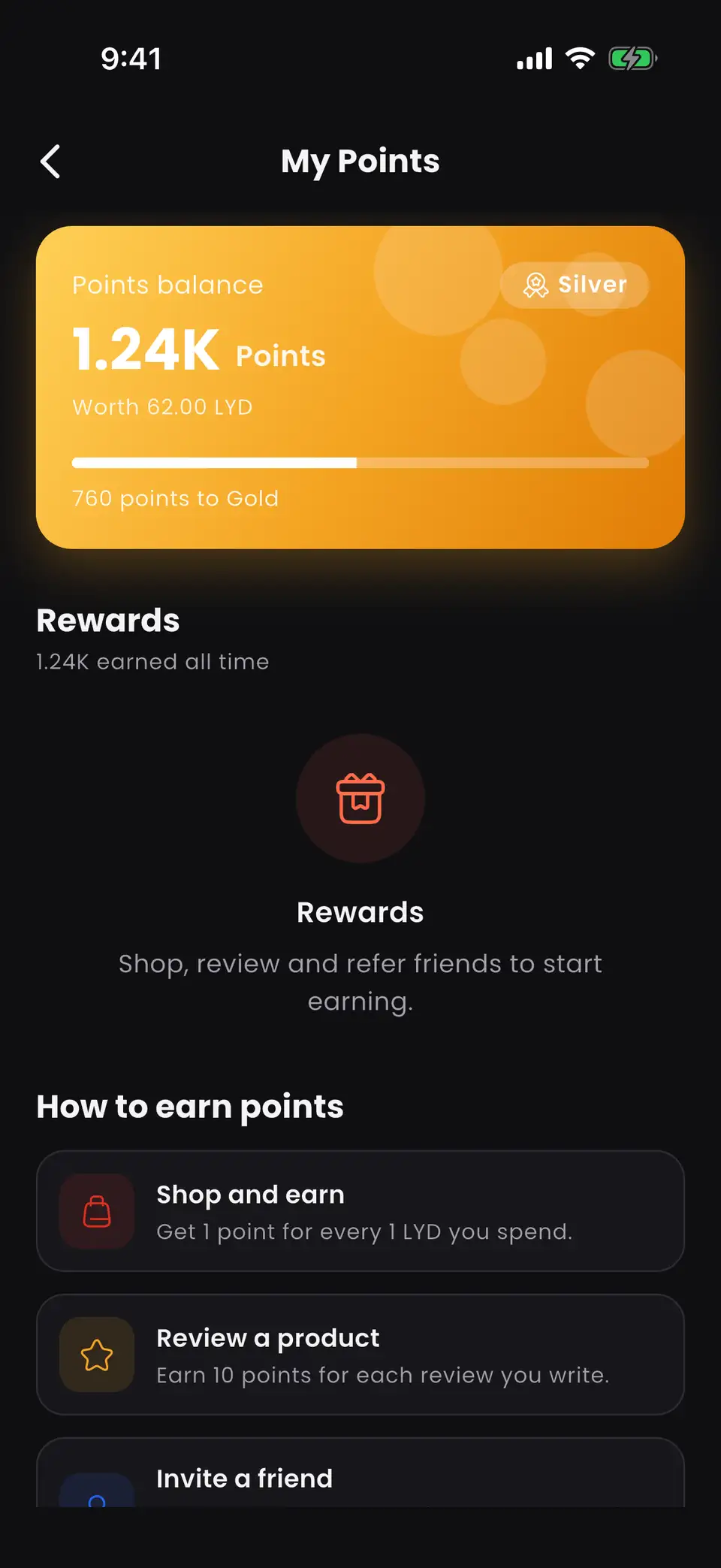 Okazyon loyalty points screen in dark mode